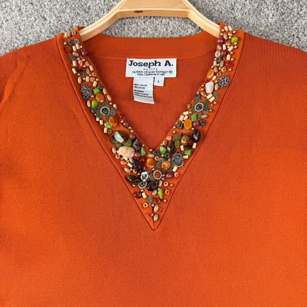 Joseph‎ A. Beaded V-Neck Sweater Womens L Petite Orange 3/4 Sleeve T88P Pullover